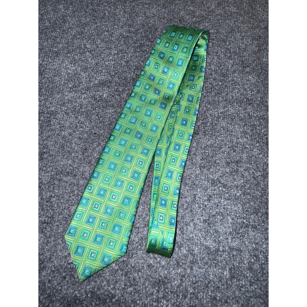 Hickey Freeman Mens Green Blue Geometric Square Pattern 100% Silk Necktie Tie